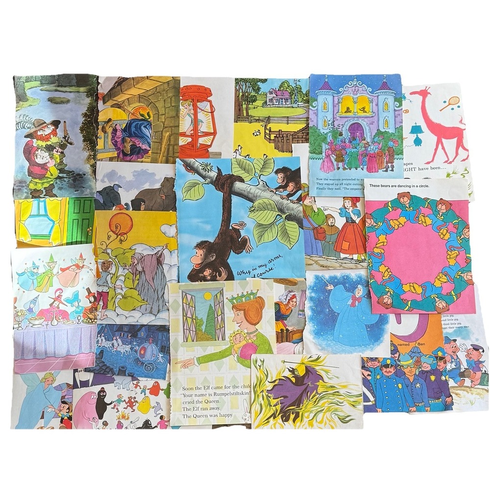 VTG 70's Childrens Book Pages Ephemera Junk Journal Disney Fairy Tales Dr. Seuss